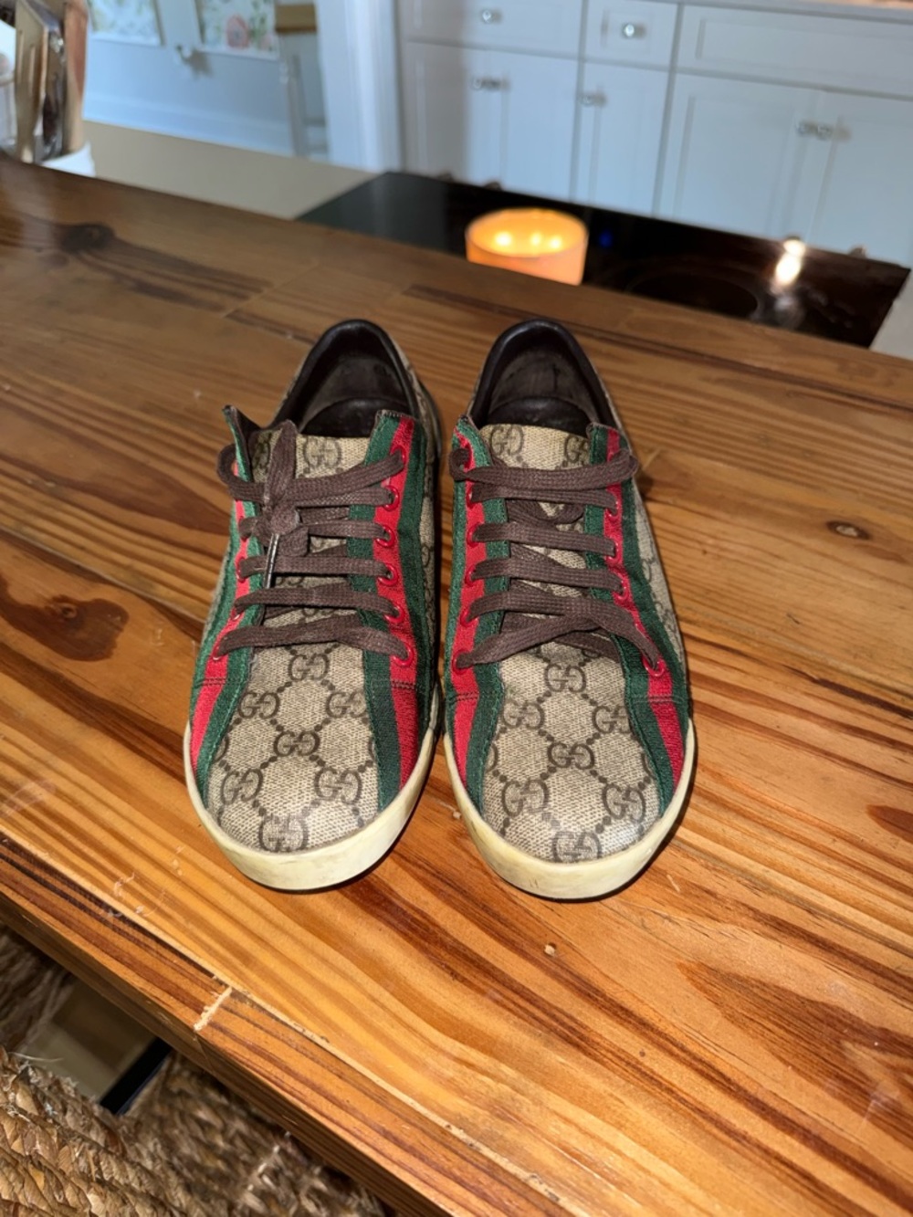 Gucci Beige Monogram Sneakers with Red and Green Stripe - Picture 7 of 10